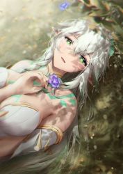 Rule 34 | + +, 1girl, :d, arm between breasts, between breasts, breasts, cleavage, day, detached sleeves, flower, genshin impact, green eyes, holding, holding flower, kagi (dicedkey), large breasts, long hair, looking at viewer, lying, nahida (genshin impact), on back, on grass, on ground, open mouth, outdoors, pointy ears, purple flower, rukkhadevata (genshin impact), short sleeves, smile, solo, tattoo, upper body, white hair
