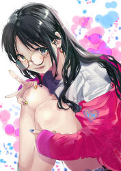 Rule 34 | 1girl, :d, absurdres, bare legs, black hair, bubble, commentary request, earrings, glasses, glint, green eyes, hand on own knee, highres, idolmaster, idolmaster shiny colors, jacket, jacket partially removed, jewelry, knees up, long sleeves, looking at viewer, mitsumine yuika, nail polish, nihe p, open mouth, round eyewear, shirt, sitting, sleeves past wrists, smile, solo, straight hair, v, white shirt, yellow-framed eyewear