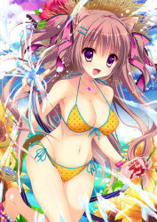 Rule 34 | 1girl, :d, animal ears, bikini, breasts, brown hair, cat ears, cat tail, cleavage, hat, hose, jewelry, large breasts, long hair, necklace, open mouth, original, polka dot, polka dot bikini, polka dot swimsuit, purple eyes, shiwasu horio, side-tie bikini bottom, smile, solo, straw hat, swimsuit, tail, twintails, very long hair, water, yellow bikini