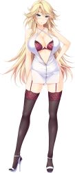 Rule 34 | 1girl, amakimihara monika, atelier kaguya, blonde hair, blue eyes, blush, breasts, center opening, choco chip, ero zemi, floral print, full body, game cg, garter straps, hand on own hip, high heels, highres, lace, lace-trimmed legwear, lace trim, large breasts, long hair, navel, rose print, side slit, smile, solo, tachi-e, thighhighs, transparent background, zipper