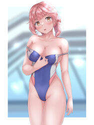 Rule 34 | 1girl, blurry, blurry background, breasts, cleavage, clothes pull, commentary request, competition swimsuit, cowboy shot, head tilt, highleg, highleg swimsuit, highres, large breasts, mashinatsu, multicolored clothes, multicolored swimsuit, one-piece swimsuit, one-piece swimsuit pull, original, pink hair, rei no pool, short hair, solo, standing, swimsuit, yellow eyes