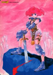 Rule 34 | 1980s (style), 1girl, absurdres, armor, armored boots, blue eyes, boots, dated, earrings, fantasy, full body, gloves, highres, holding, holding sword, holding weapon, inomata mutsumi, jewelry, medium hair, miniskirt, oldschool, original, outdoors, planted, planted sword, planted weapon, red hair, red sky, retro artstyle, scan, shoulder armor, skirt, sky, smile, solo, standing, sword, technopolis, traditional media, weapon