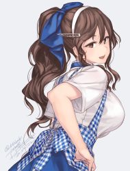 Rule 34 | 1girl, alternate costume, alternate hairstyle, apron, artist name, ashigara (kancolle), breasts, brown eyes, brown hair, checkered apron, checkered clothes, dated, eyelashes, fake horns, fang, gingham apron, grey background, hair between eyes, hairband, horned headwear, horns, kantai collection, large breasts, long hair, open mouth, ponytail, rokuwata tomoe, short sleeves, simple background, smile, solo, twitter username, upper body, wavy hair, white hairband