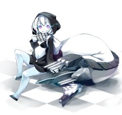 Rule 34 | 10s, 1girl, abyssal ship, blush, blvefo9, checkered floor, glowing, glowing eyes, grin, hood, jacket, kantai collection, purple eyes, re-class battleship, short hair, silver hair, sitting, smile, tail