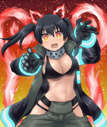 Rule 34 | 1girl, baggy pants, bikini, bikini top only, black bikini, black coat, black hair, blush, breasts, cleavage, coat, collarbone, commentary request, cowboy shot, en&#039;en no shouboutai, fiery ears, fiery tail, fire, gloves, gradient background, grey pants, hair between eyes, hands up, highres, hip vent, large breasts, long hair, long sleeves, looking at viewer, m.m, metal gloves, midriff, navel, open clothes, open coat, open mouth, pants, purple fire, sidelocks, solo, standing, swimsuit, tail, tamaki kotatsu, teeth, twintails, visor (armor), yellow eyes