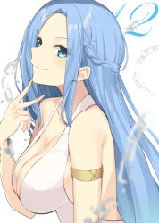 Rule 34 | 1girl, absurdres, armlet, bare shoulders, blue eyes, blue hair, braid, breasts, chain, cleavage, closed mouth, commentary request, cuffs, hand on own chin, highres, large breasts, long hair, looking at viewer, no bra, olivia (ore dake haireru kakushi dungeon), ore dake haireru kakushi dungeon, parted bangs, shackles, smile, solo, takehana note, upper body, white background