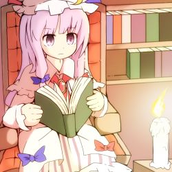 Rule 34 | 1girl, book, bookshelf, bow, candle, dress, female focus, hair bow, hat, long hair, open book, patchouli knowledge, purple eyes, purple hair, reading, sitting, solo, striped clothes, striped dress, touhou, yamase