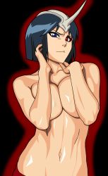 Rule 34 | 00s, 1girl, arrancar, black background, black hair, bleach, blue eyes, blue hair, bob cut, breasts, breasts squeezed together, covering privates, covering breasts, emilou apacci, eyeliner, hand in own hair, heterochromia, highres, horns, large breasts, makeup, matching hair/eyes, outline, red eyes, self-upload, short hair, simple background, single horn, skull, solo, ssjdubby, topless, v-shaped eyebrows