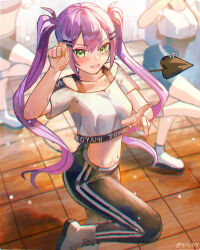 Rule 34 | 3girls, black pants, blush, breasts, crop top, demon girl, demon tail, fang, gin e12, green eyes, highres, hololive, hololive dance practice uniform, long hair, looking at viewer, multicolored hair, multicolored nails, multiple girls, nail polish, official alternate costume, open mouth, pants, piercing, pink hair, pink nails, purple hair, shoes, skin fang, small breasts, smile, streaked hair, tail, tail ornament, tail piercing, tokoyami towa, twintails, virtual youtuber, white footwear, yellow nails