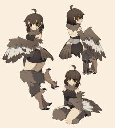 Rule 34 | 1girl, absurdres, ahoge, bare back, bare shoulders, bird legs, bird tail, black eyes, black skirt, blush, breasts, brown feathers, brown hair, brown wings, colored sclera, commentary, english commentary, feathers, gomulgong, grey feathers, harpy, highres, looking at viewer, medium hair, miniskirt, monster girl, multiple views, orange sclera, original, owl girl, skirt, sleeveless, small breasts, tail, talons, winged arms, wings