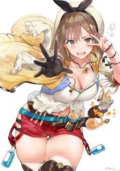 Rule 34 | 1girl, :d, atelier (series), atelier ryza, atelier ryza 1, belt, blue belt, blush, breasts, brown eyes, brown gloves, brown hair, buckle, cleavage, clothing cutout, collarbone, commentary, cowboy shot, flask, gloves, hair between eyes, hair ornament, hairclip, hands up, hews, highres, jacket, jewelry, large breasts, leather, leather belt, leather gloves, liquid, long sleeves, looking at viewer, navel, navel cutout, necklace, o-ring, o-ring belt, open clothes, open jacket, open mouth, outstretched arm, outstretched hand, red shorts, reisalin stout, round-bottom flask, shirt, short hair, short shorts, shorts, simple background, single glove, skindentation, sleeveless, sleeveless jacket, smile, solo, spilling, standing, star (symbol), star necklace, teeth, thick thighs, thigh gap, thighhighs, thighs, twitter username, v, v-shaped eyebrows, v over eye, vial, white background, white headwear, white shirt, white thighhighs, wind, yellow jacket