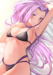 Rule 34 | 1girl, backlighting, bikini, breasts, cleavage, closed mouth, fate/stay night, fate (series), female focus, forehead, hair spread out, kojirou musashi, long hair, looking at viewer, lying, matching hair/eyes, medium breasts, medusa (fate), medusa (rider) (fate), multi-strapped bikini, navel, on back, purple eyes, purple hair, smile, solo, stomach, swimsuit, underboob, white background