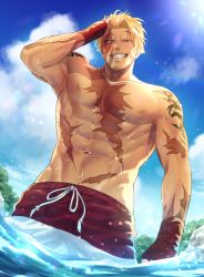 Rule 34 | 1boy, abs, aion kiu, bara, beowulf (fate), blonde hair, cowboy shot, drawstring, facial hair, fate/grand order, fate (series), goatee, large pectorals, male focus, male swimwear, manly, muscular, nipples, pectorals, red eyes, red male swimwear, red swim trunks, scar, solo, swim trunks, swimsuit, tattoo, topless male, upper body, wet