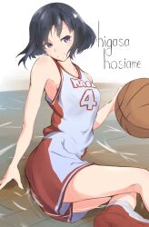 Rule 34 | 1girl, armpits, ball, bare arms, bare shoulders, basketball, basketball (object), basketball court, basketball uniform, black hair, bob cut, breasts, bunoshii, character name, closed mouth, clothes writing, commentary, floating hair, flood, hanamonogatari, hand on ground, higasa seiu, high tops, highres, holding, holding ball, jersey, looking at viewer, medium breasts, monogatari (series), on ground, partially submerged, purple eyes, raised eyebrows, red footwear, red shorts, red tank top, romaji text, shoes, short hair, shorts, sitting, sleeveless, sneakers, solo, sportswear, tank top, two-tone shirt, two-tone shorts, water, white shorts, white tank top, wooden floor, yokozuwari