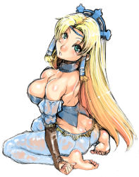 Rule 34 | 1990s (style), 1girl, aqua eyes, ass, barefoot, blonde hair, blush, body blush, breasts, bustier, butt crack, cleavage, feet, final fantasy, final fantasy iii, hair tubes, large breasts, long hair, looking at viewer, looking up, mizuryu kei, open mouth, retro artstyle, sara altney, see-through, sitting, sketch, soles, solo, teeth, toe scrunch, toes, wariza