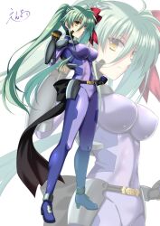 Rule 34 | 1girl, blue bodysuit, bodysuit, breasts, closed mouth, covered navel, einhard stratos, endori, full body, green hair, hair ribbon, highres, large breasts, long hair, looking at viewer, lyrical nanoha, mahou shoujo lyrical nanoha vivid, military uniform, numbers&#039; uniform, ponytail, ribbon, simple background, solo, uniform, white background, yellow eyes