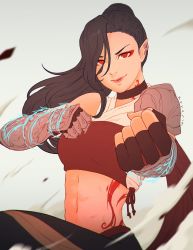 Rule 34 | 1girl, arm guards, armor, artist name, black hair, choker, clenched hands, elezen, elf, final fantasy, final fantasy xiv, fingerless gloves, gloves, hair between eyes, highres, hilda ware, hybrid, hyur, koyorin, lips, long hair, looking at viewer, midriff, monk (final fantasy), navel, neck tattoo, pointy ears, ponytail, red eyes, shoulder armor, single fingerless glove, solo, tattoo, white background