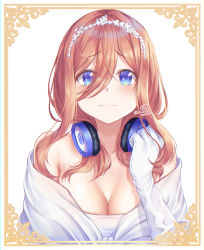 Rule 34 | 1girl, absurdres, bare shoulders, blush, breasts, cleavage, commentary, dated, dress, gloves, go-toubun no hanayome, hair between eyes, hand up, headphones, headphones around neck, highres, lala 2080, large breasts, long hair, looking at viewer, nakano miku, raised eyebrows, solo, twitter username, upper body, wedding dress, white dress, white gloves