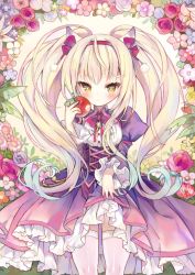 Rule 34 | 1girl, animal ears, apple, blonde hair, blush, bow, bowtie, brooch, buttons, cat ears, cross-laced clothes, dress, floral background, food, fruit, gradient hair, hair bow, hair ribbon, holding, holding food, holding fruit, jewelry, juliet sleeves, long hair, long sleeves, looking at viewer, multicolored hair, nail polish, original, petticoat, puffy sleeves, purple dress, purple nails, ribbon, skirt hold, smile, solo, somjeu, thighhighs, tsurime, twintails, underbust, very long hair, white thighhighs, yellow eyes, youm