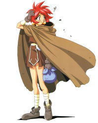 Rule 34 | 1990s (style), 1girl, cloak, earrings, full body, gloves, hand on own head, highres, holding, holding sack, jewelry, non-web source, official art, parfait (lamune), red eyes, red hair, retro artstyle, sack, short hair, simple background, solo, vs knight lamune &amp; 40 fresh, white background