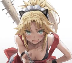 Rule 34 | 1girl, baseball bat, blonde hair, blush, braid, breasts, fate/apocrypha, fate (series), fork, french braid, green eyes, hair ornament, hair scrunchie, highres, leaning forward, long hair, looking at viewer, maid headdress, mordred (fate), mordred (fate/apocrypha), open mouth, parted bangs, ponytail, scrunchie, sidelocks, small breasts, smile, solo, spiked bat, tonee