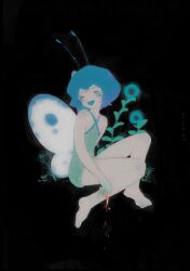 Rule 34 | 1girl, absurdres, antennae, artist name, bare shoulders, barefoot, black background, blue hair, closed mouth, commentary, english commentary, fairy, fairy wings, highres, open mouth, original, shieriru, short hair, sitting, solo, wings