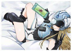 Rule 34 | 1girl, absurdres, bed, earth defense force, earth defense force 5, elbow gloves, gloves, helmet, highres, long hair, nintendo switch, short shorts, shorts, thighhighs, thighs, uniform, v, wing diver