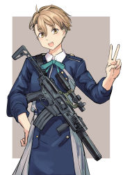 Rule 34 | 1girl, :d, absurdres, aqua ribbon, brown eyes, brown hair, gun, hand on own hip, highres, long sleeves, looking at viewer, lycoris recoil, open mouth, otome sakura, pondo (peng-model), ribbon, rifle, short hair, sig mcx, simple background, smile, solo, standing, uniform, v, weapon