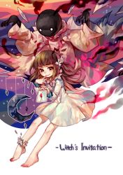 Rule 34 | 1girl, anklet, barefoot, deemo, deemo (character), dress, envelope, formal, full body, girl (deemo), hand to own mouth, harrymiao, highres, jewelry, looking at viewer, nail polish, smile, song name, suit, toenail polish, toenails, witch&#039;s invitation (deemo)