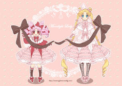 Rule 34 | 2girls, bishoujo senshi sailor moon, blonde hair, blue eyes, bow, brown bow, chibi usa, cone hair bun, double bun, dress, dress bow, earrings, female focus, frills, full body, hair bow, hair bun, height difference, jewelry, kneehighs, lolita fashion, long hair, looking at viewer, mother and daughter, multiple girls, multiple hair bows, nightcat, pantyhose, petticoat, pink background, pink bow, pink dress, pink footwear, pink hair, red bow, red eyes, red footwear, shoes, short hair, smile, socks, standing, striped, striped bow, sweet lolita, tsukino usagi, twintails, waist bow, watermark, web address