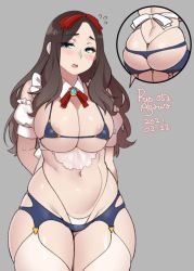 Rule 34 | 1girl, agawa ryou, areola slip, arms behind back, ass, bikini, blush, breasts, brown hair, bursting breasts, close-up, grey background, huge ass, maid, micro bikini, multiple views, revealing clothes, simple background, solo, swimsuit, thighs, thong, torn clothes, whale tail (clothing)