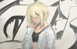 Rule 34 | 1girl, aqua eyes, blonde hair, breasts, crop top, cross, cross earrings, ear piercing, earrings, expressionless, glasses, graffiti, hand up, jewelry, long sleeves, looking to the side, open clothes, open shirt, original, piercing, shioda (shioda 5), shirt, short hair, sketch, small breasts, solo, white shirt