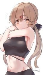 Rule 34 | 1girl, absurdres, alternate costume, black sports bra, blush, breasts, brown eyes, brown hair, exercising, hair between eyes, hair ornament, hairclip, highres, kantai collection, long hair, looking at viewer, low twintails, medium breasts, navel, pants, raymie0124, simple background, solo, sports bra, sportswear, stretching, tashkent (kancolle), twintails, upper body, white background, yoga pants