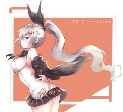 Rule 34 | 1girl, ass, bad id, bad pixiv id, bare shoulders, black jacket, black ribbon, black skirt, blush, breasts, brown eyes, character name, closed mouth, commentary, five-seven (girls&#039; frontline), girls&#039; frontline, grey hair, hair between eyes, hair ornament, hair ribbon, high ponytail, jacket, large breasts, leaning forward, long hair, melings (aot2846), miniskirt, off shoulder, panties, pleated skirt, ponytail, ribbon, shirt, skirt, smile, solo, standing, underwear, very long hair, white panties, white shirt