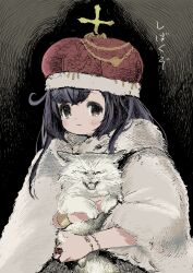Rule 34 | 1girl, abstract background, animal, black hair, blush, bracer, brown eyes, cat, cloak, closed mouth, commentary request, cross, crown, dark background, expressionless, fur cloak, gem, gold bracelet, hissing, holding, holding animal, holding cat, jewelry, long hair, looking at viewer, mizuno uchi, original, ornate ring, raised eyebrows, red gemstone, ring, solo, translation request, upper body