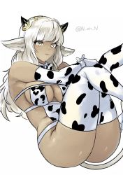 Rule 34 | 1girl, :t, animal ears, ash (fire emblem), ass, bare shoulders, black horns, blush, breasts, brown eyes, cleavage, cow ears, cow girl, cow horns, cow tail, dark-skinned female, dark skin, fire emblem, fire emblem heroes, highres, horns, large breasts, long hair, looking at viewer, n ah n, nintendo, piercing, pout, solo, tail, thick thighs, thighs, white hair