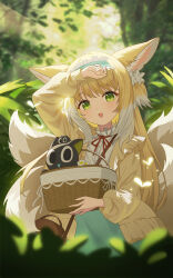 Rule 34 | 1girl, absurdres, animal ear fluff, animal ears, aqua hairband, aqua skirt, arknights, bag, basket, black cat, blonde hair, blurry, blurry background, blurry foreground, brown bag, cardigan, cat, chinese commentary, colored tips, commentary request, crossover, depth of field, fox ears, fox girl, fox tail, frilled hairband, frills, green eyes, greep9485, hair ornament, hair scrunchie, hairband, handbag, heixiu, highres, holding, holding basket, in basket, kitsune, kyuubi, light blush, long hair, long sleeves, looking at viewer, luo xiaohei, luo xiaohei zhanji, multicolored hair, multiple tails, neck ribbon, official alternate costume, open cardigan, open clothes, open mouth, partial commentary, puffy long sleeves, puffy sleeves, red ribbon, ribbon, round bag, scrunchie, shirt, shoulder bag, skirt, suzuran (arknights), suzuran (spring praise) (arknights), tail, two-tone hair, white hair, white shirt, yellow cardigan