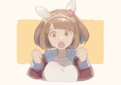 Rule 34 | 1girl, animal ears, breasts, brown eyes, brown hair, clenched hands, ear covers, furrowed brow, gym shirt, hands up, horse ears, horse girl, jacket, long sleeves, looking at viewer, medium breasts, mizutani megumi, open clothes, open jacket, open mouth, red jacket, shirt, short hair, solo, track jacket, umamusume, upper body, white shirt, yukino bijin (umamusume)