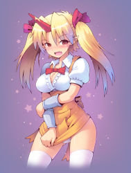 Rule 34 | 1girl, alternate costume, alternate hairstyle, blonde hair, blush, bow, breasts, cleavage, collared shirt, cowboy shot, cropped legs, dress, dress tug, embarrassed, embroidery, fangs, gluteal fold, gradient background, gradient hair, horns, hoshiguma yuugi, kurogarasu, long hair, looking at viewer, looking to the side, medium breasts, multicolored hair, oni, open clothes, open mouth, open shirt, overalls, panties, parted bangs, pinafore dress, pointy ears, puffy short sleeves, puffy sleeves, red bow, red eyes, shirt, short sleeves, single horn, skirt, sleeveless, sleeveless dress, solo, standing, suspender skirt, suspenders, thighhighs, touhou, twintails, underwear, waitress, white panties, white shirt, white thighhighs, wristband, yellow dress