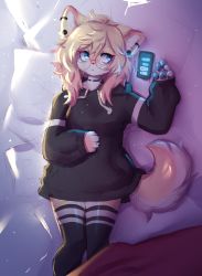 Rule 34 | 1girl, anakoluth, animal ears, bed, black hoodie, black thighhighs, blonde hair, blue eyes, cellphone, crying, crying with eyes open, dog ears, dog girl, dog tail, furry, furry female, glasses, highres, hood, hoodie, long sleeves, looking away, lying, on back, original, phone, round eyewear, short hair, smartphone, solo, tail, tears, thighhighs