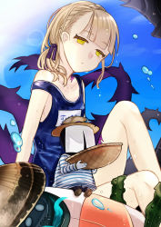 Rule 34 | blonde hair, blue sky, briar rose (sinoalice), closed mouth, competition school swimsuit, competition swimsuit, hair between eyes, hair ribbon, hat, highres, looking at viewer, one-piece swimsuit, outdoors, ribbon, school swimsuit, seashell, seaweed, shell, short hair, sinoalice, sky, solo, straw hat, swimsuit, thorns, towada-san (thank39), wet, wet clothes, wet hair, yellow eyes