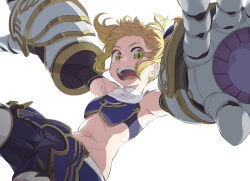 Rule 34 | 1girl, armor, armpits, black gloves, black shorts, blonde hair, blue armor, breasts, commentary, cowboy shot, elbow gloves, eyelashes, floating, foreshortening, giant fist, gloves, gold trim, green eyes, highres, looking at viewer, mika returna, navel, nigaripen, open mouth, shiny skin, short hair, shorts, slit pupils, small breasts, solo, sports bra, teeth, two side up, under night in-birth, under night in-birth exe:late[st]