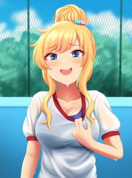 Rule 34 | 1girl, :d, absurdres, blonde hair, blue eyes, blush, breasts, chain-link fence, cleavage, collarbone, commentary request, contamination (contami0813), fence, hair bun, hair ornament, heart, heart hair ornament, highres, idolmaster, idolmaster cinderella girls, large breasts, long hair, looking at viewer, ohtsuki yui, open mouth, ponytail, puffy short sleeves, puffy sleeves, shirt, short sleeves, single hair bun, smile, solo, striped, swimsuit, swimsuit under clothes, teeth, upper body, upper teeth only, wet, wet clothes, white shirt
