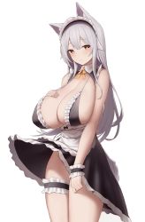 Rule 34 | 1girl, absurdres, animal ear fluff, animal ears, apron, bikini, black bikini, black bow, black skirt, blush, bow, breasts, closed mouth, commentary request, commission, cowboy shot, frilled bikini, frills, grey background, grey hair, hand on own chest, highres, huge breasts, lagijay, legs together, long hair, looking at viewer, maid, maid headdress, original, simple background, skirt, smile, solo, standing, straight hair, swimsuit, thigh strap, waist apron, white apron, wind, wind lift, yellow eyes