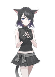 Rule 34 | 1girl, animal ear fluff, animal ears, bare shoulders, black gloves, black hair, black shirt, black skirt, blue eyes, blush, braid, breasts, cat ears, cat girl, cat tail, chihuri, closed mouth, crown braid, ear piercing, facial mark, final fantasy, final fantasy xiv, fingerless gloves, gloves, gradient hair, highres, looking at viewer, miqo&#039;te, multicolored hair, piercing, pleated skirt, purple hair, shirt, simple background, skirt, sleeveless, sleeveless shirt, small breasts, smile, solo, steepled fingers, tail, warrior of light (ff14), whisker markings, white background