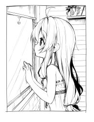 Rule 34 | 1girl, absurdres, ahoge, bare arms, bare shoulders, blush, darnell, dress, frilled dress, frills, greyscale, hair between eyes, hands up, highres, long hair, looking away, low-tied long hair, monochrome, profile, shelf, sidelocks, sleeveless, sleeveless dress, solo, soulworker, stella unibell, very long hair, window