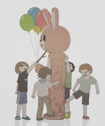 Rule 34 | 1other, 4boys, absurdres, animal costume, avogado6, balloon, child, closed eyes, commentary, costume, dirty, highres, holding, holding balloon, kicking, multiple boys, open mouth, original, pulling, rabbit costume, short hair, simple background, stick, white background, zipper pull tab