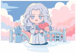 Rule 34 | 1girl, 1other, blue eyes, blue sky, blush stickers, border, bouquet, chibi, cloud, cloudy sky, day, fence, final fantasy, final fantasy xiv, flower, full body, grey hair, highres, holding, holding bouquet, hood, hood down, hooded robe, long hair, long sleeves, looking at viewer, loporrit, no nose, no pupils, open mouth, outdoors, pastel colors, pink clouds, pink flower, pink rose, pink tulip, qingtianwadaren, red flower, red rose, robe, rose, sky, smile, solo focus, standing, straight-on, tulip, venat (ff14), wavy hair, white border, white robe