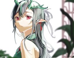 Rule 34 | 1girl, 906 (9065495294), arknights, bare shoulders, black hair, blurry, closed mouth, depth of field, dragon horns, dress, dusk (arknights), dusk (everything is a miracle) (arknights), earrings, eyebrows hidden by hair, green dress, highres, horns, jewelry, long hair, looking at viewer, looking to the side, official alternate costume, pointy ears, red eyes, sleeveless, sleeveless dress, smile, solo, tassel, tassel earrings, upper body, white background