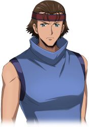 Rule 34 | 1boy, arms at sides, artist request, bare shoulders, blue eyes, blue shirt, brown hair, closed mouth, code geass, code geass: lost stories, cropped torso, game cg, hair slicked back, headband, looking at viewer, male focus, non-web source, official art, red headband, shirt, short hair, simple background, sleeveless, sleeveless shirt, solo, standing, transparent background, turtleneck, turtleneck shirt, upper body, v-shaped eyebrows, yoshida tooru (code geass)
